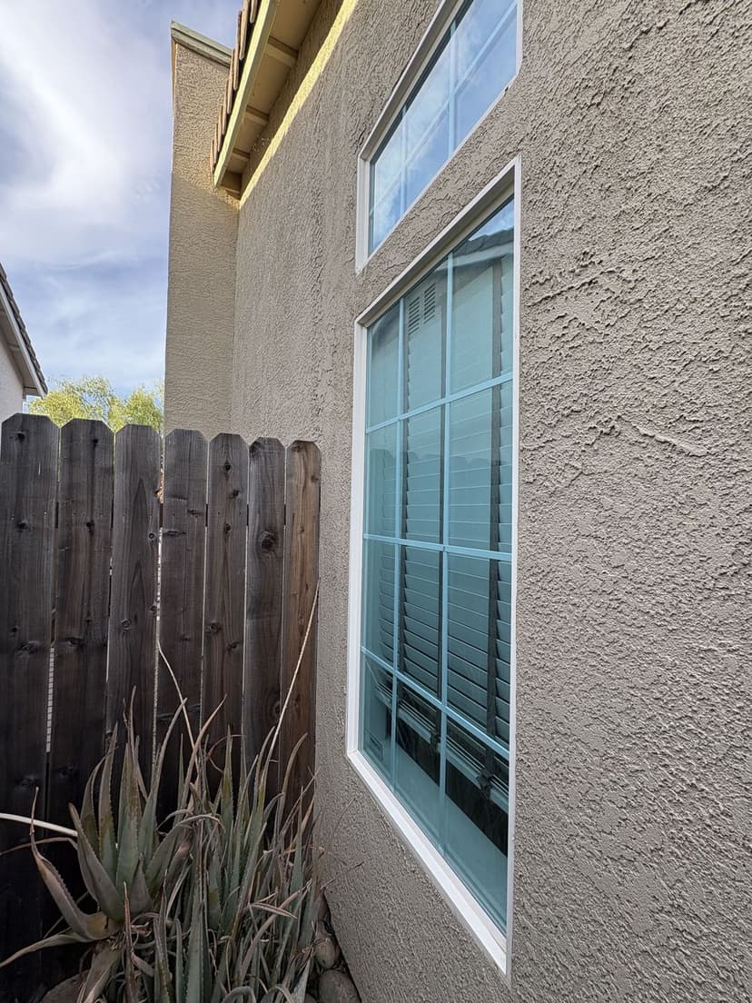 Side view of a house window with a wooden fence and plants in the foreground.